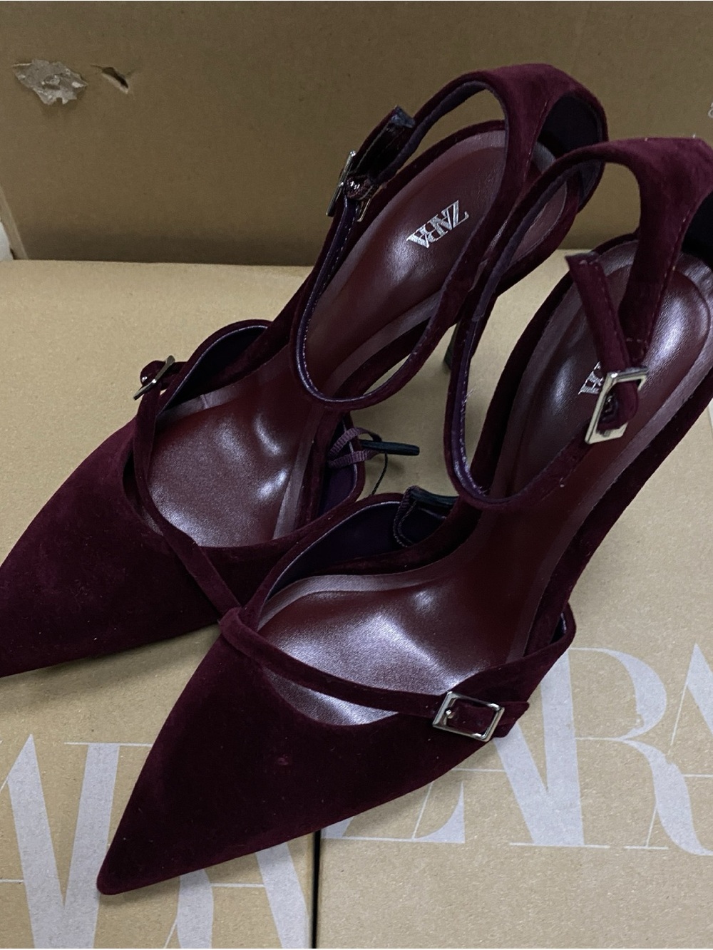 Zara Burgundy Pointed-Toe Suede Slingback Heels